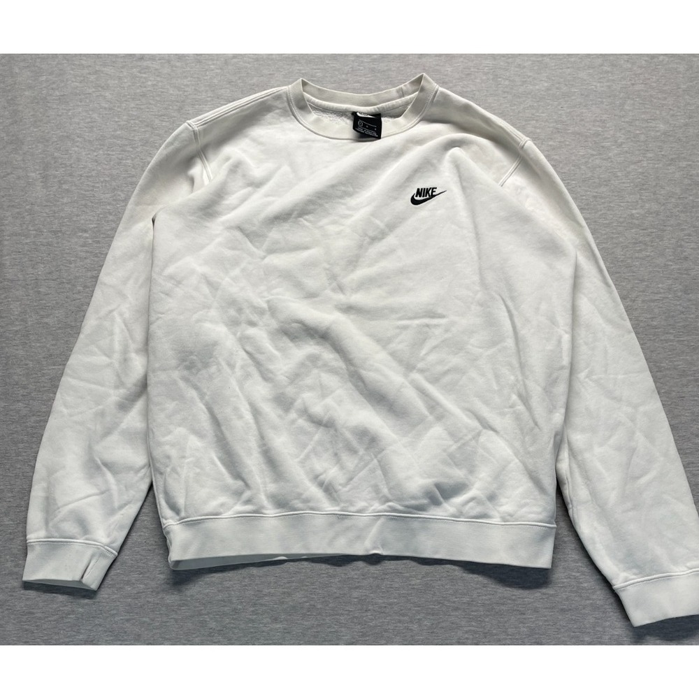 Nike Sportswear Club Crew Sweatshirt Mens Large White Embroidered Swoosh Cotton